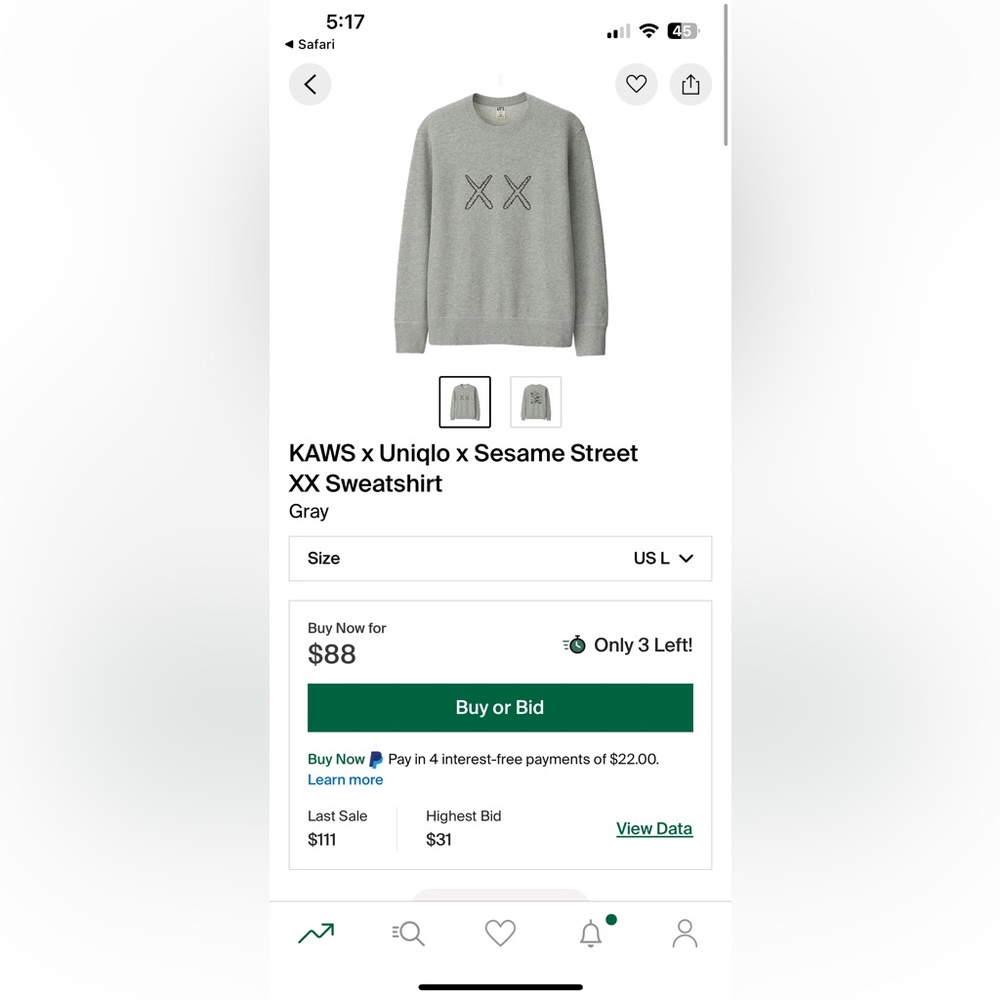 UT Uniqlo Kaws Sesame Street mens long sleeve crew neck sweatshirt large